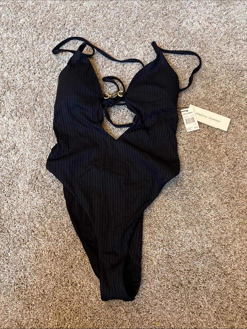 Rebecca Minkoff Black Ribbed One-Piece Swimsuit with Gold Ring